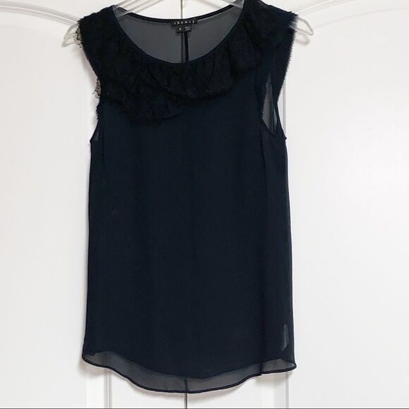 Theory Navy 100% Silk Black Lace Asymmetrical Ruffle Collar SLEEVELESS Top - Picture 1 of 15